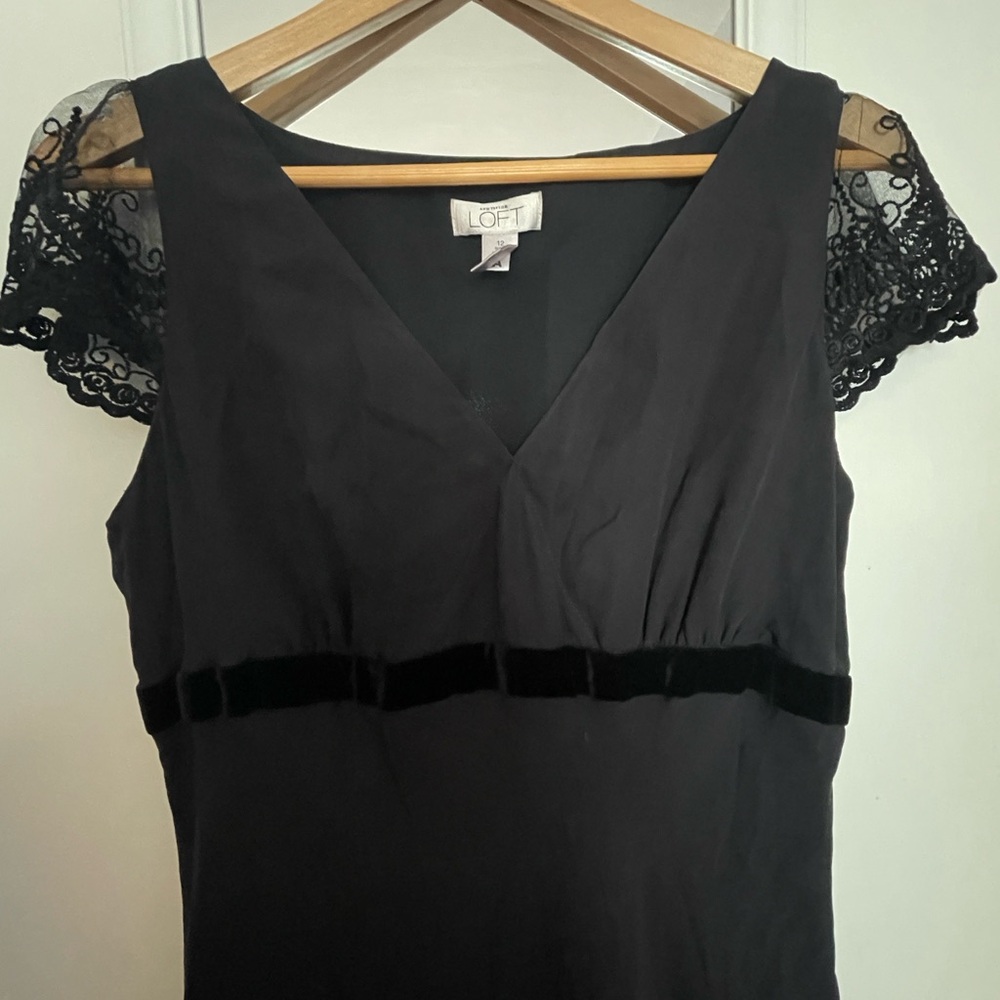 LOFT Silk Black Dress with Lace Cap Sleeves